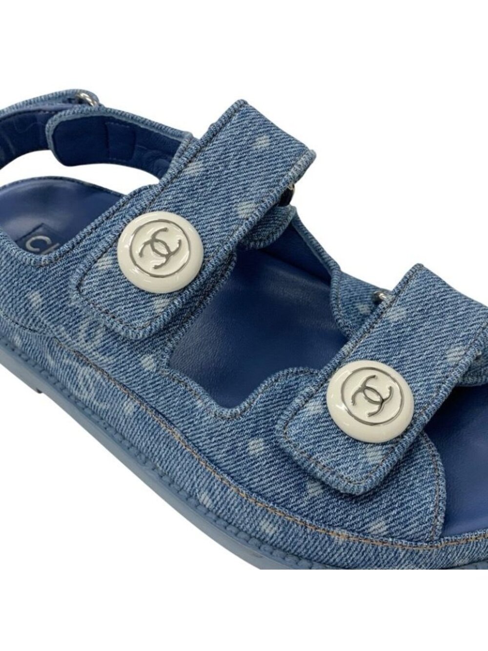 Chanel Sandals Shoes Denim Blue Coco Mark Velcro Flat - Picture 9 of 9